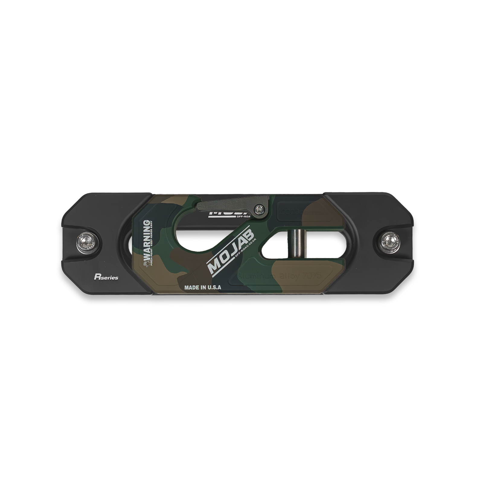 Yellow aluminum MOJAB OFFROAD recessed winch shackle with fairlead kit, designed for durable off-road winching applications.