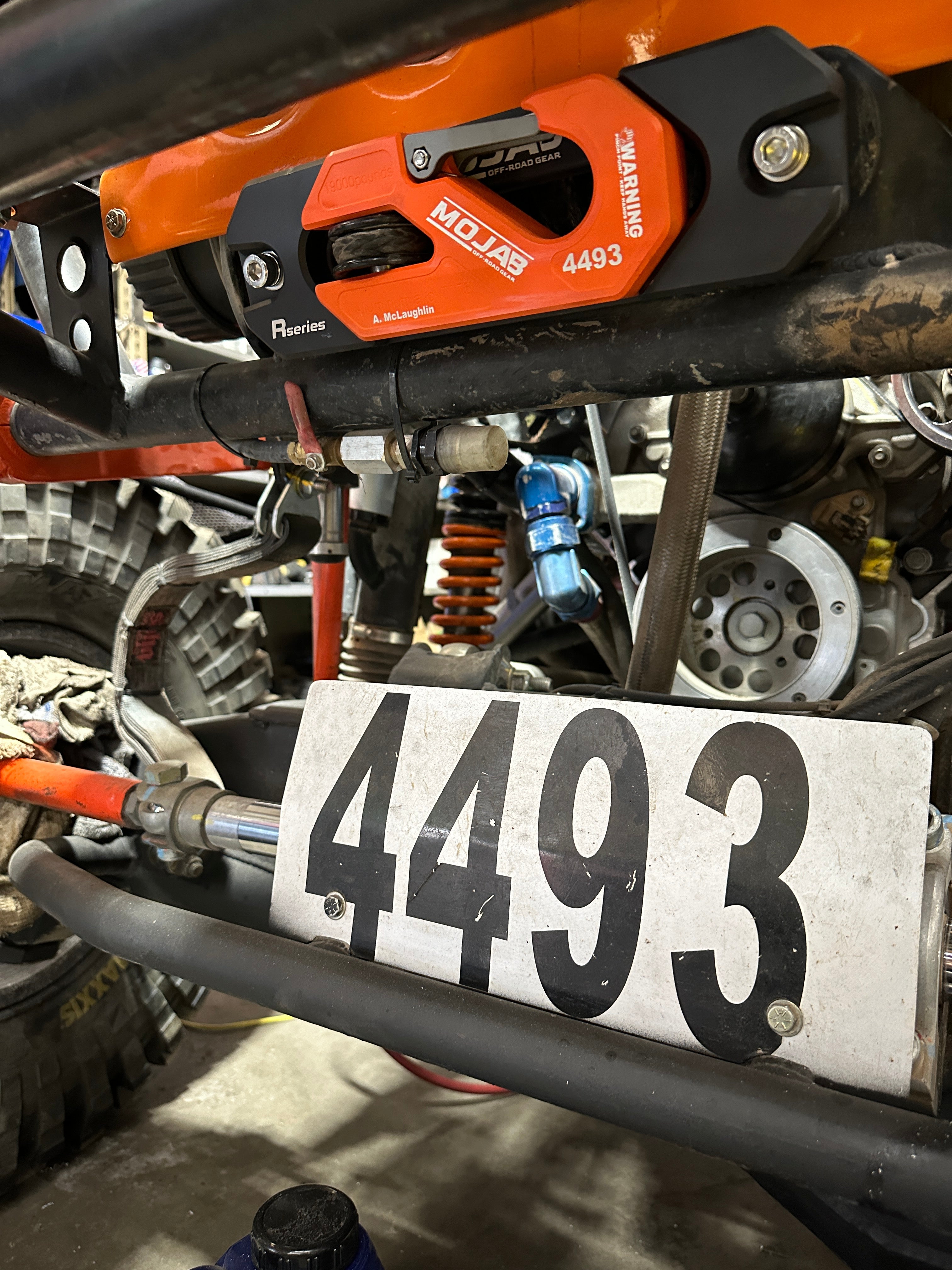Yellow aluminum recessed winch shackle with fairlead kit from MOJAB OFFROAD, designed for durable off-road winching.