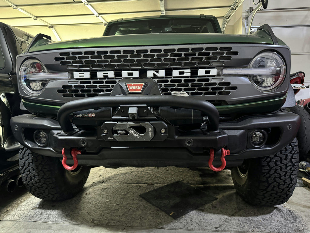 Yellow aluminum recessed winch shackle with fairlead kit from MOJAB OFFROAD, designed for heavy-duty off-road recovery.