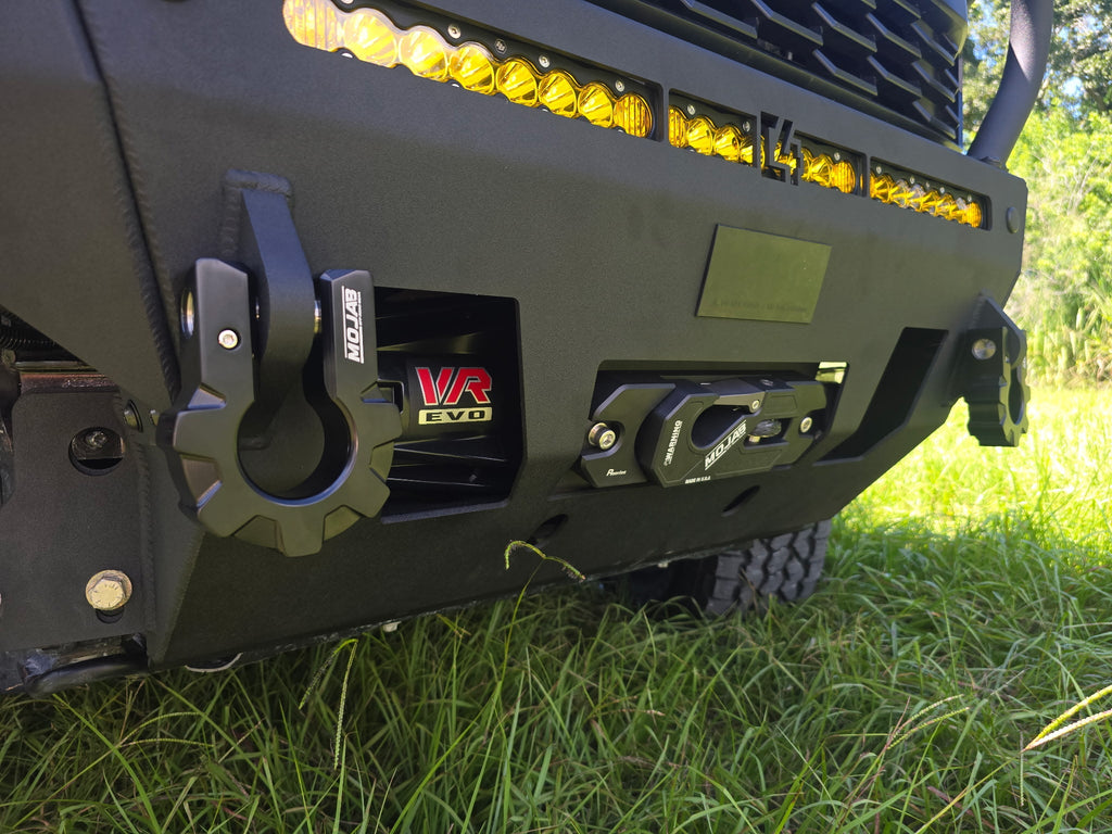 Yellow aluminum recessed winch shackle with fairlead kit from MOJAB OFFROAD, durable and designed for off-road winching.