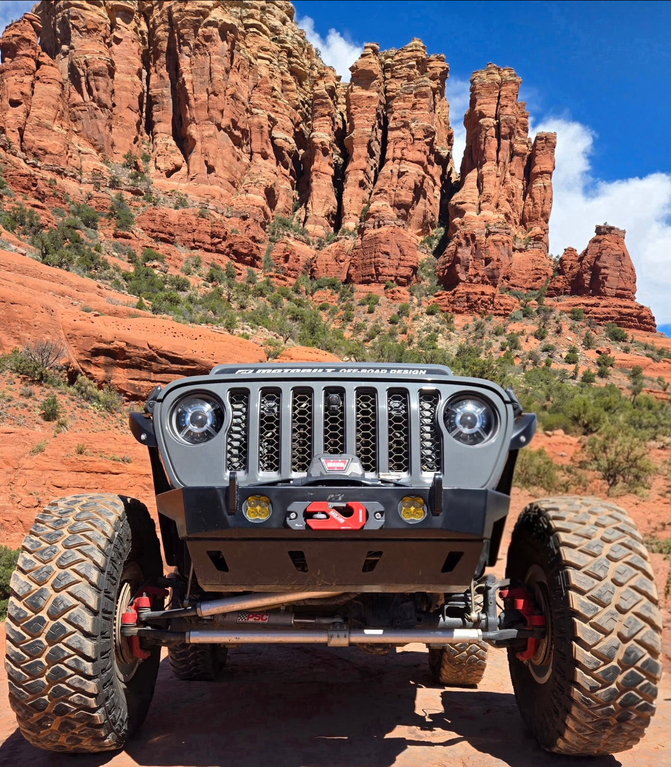 Yellow aluminum MOJAB OFFROAD recessed winch shackle with fairlead kit, designed for heavy-duty off-road vehicle recovery.