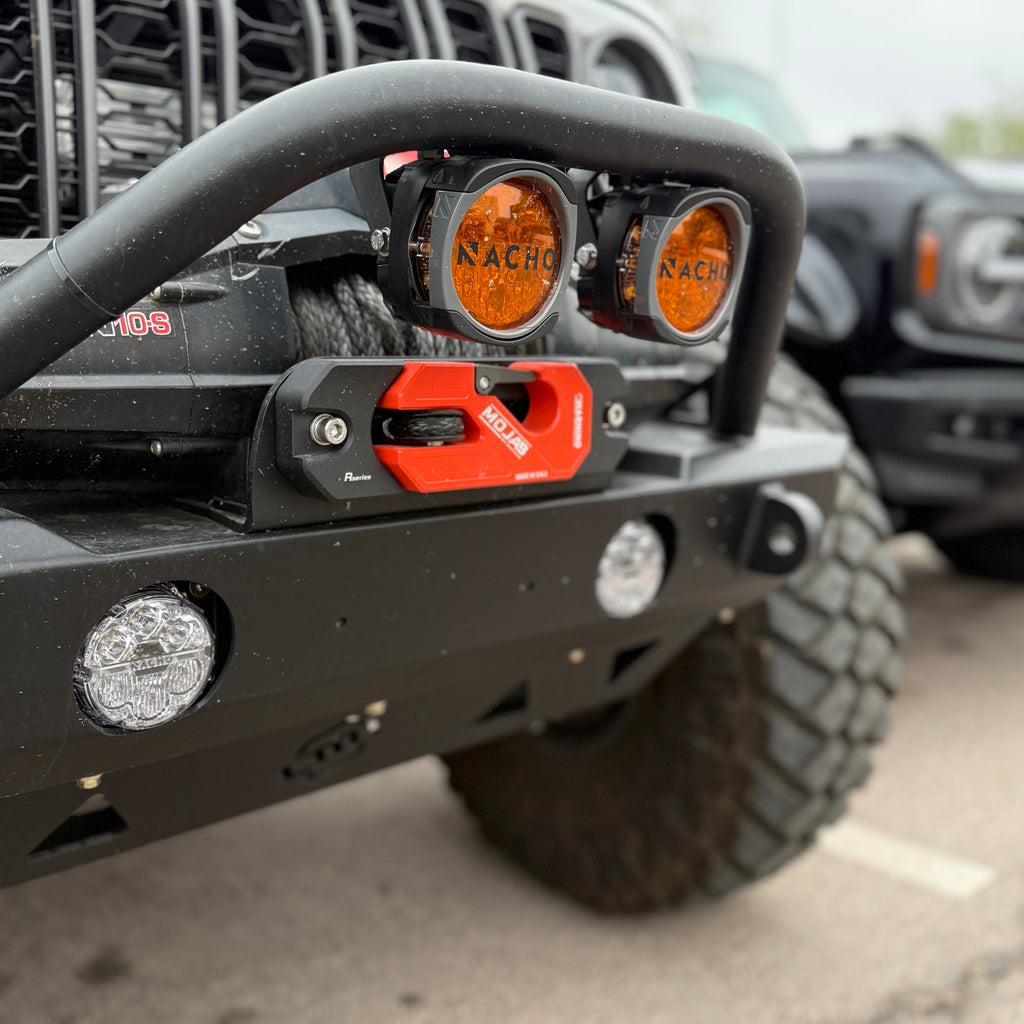 Yellow aluminum recessed winch shackle with fairlead kit by MOJAB OFFROAD, designed for durable off-road winching.
