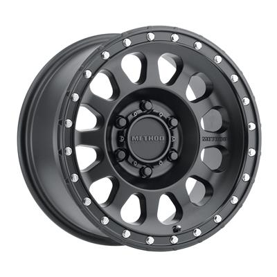Vinyasa Automotive Method Race Wheels MR315 matte black wheels with multi-spoke design, shown on a vehicle.
