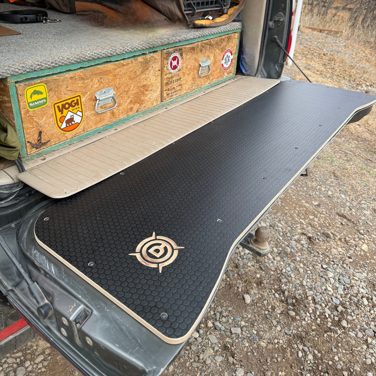 Overland Custom Design Land Cruiser 80 Series tailgate panels installed on a vehicle, showcasing durable and custom fit for off-road use.
