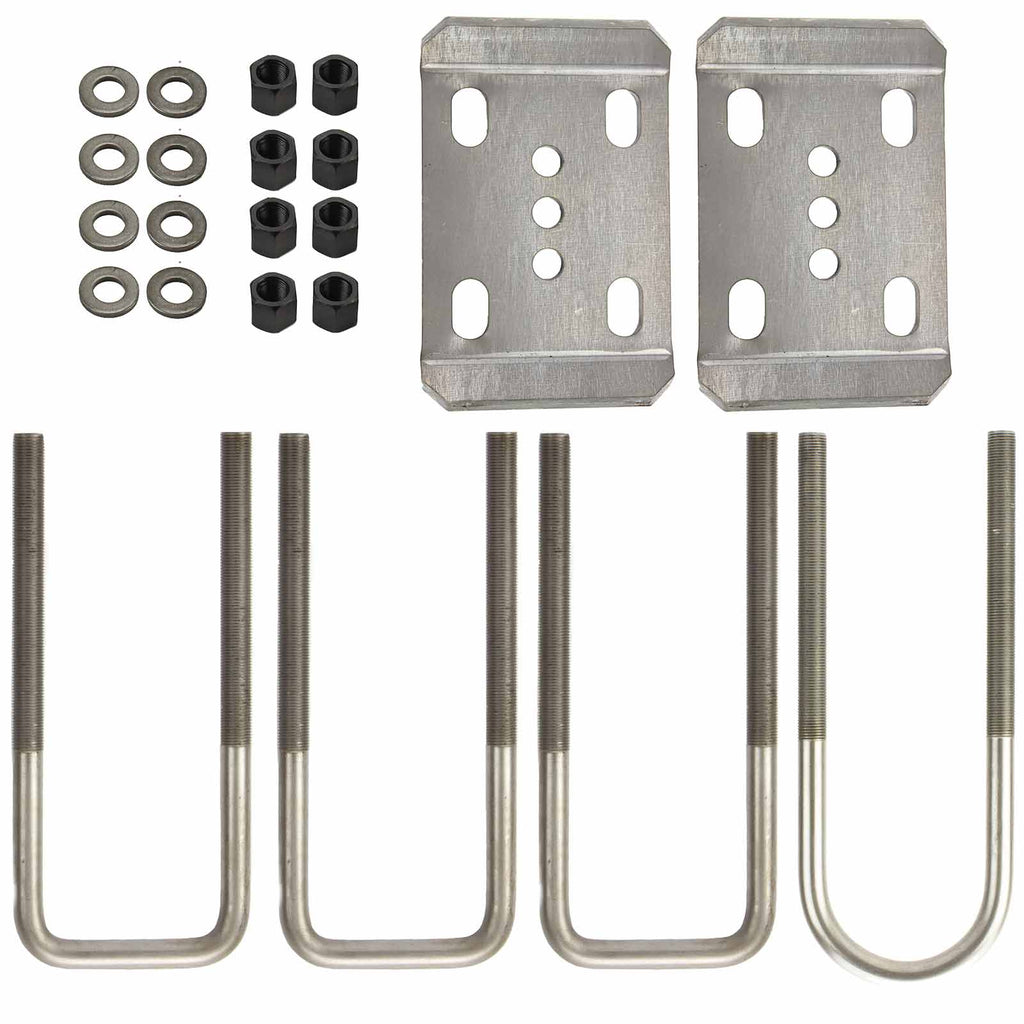 Toyota 84-85 front axle U-bolt flip kit from Riley Mountain Motorsports, showing black U-bolts and hardware for axle swap upgrade.