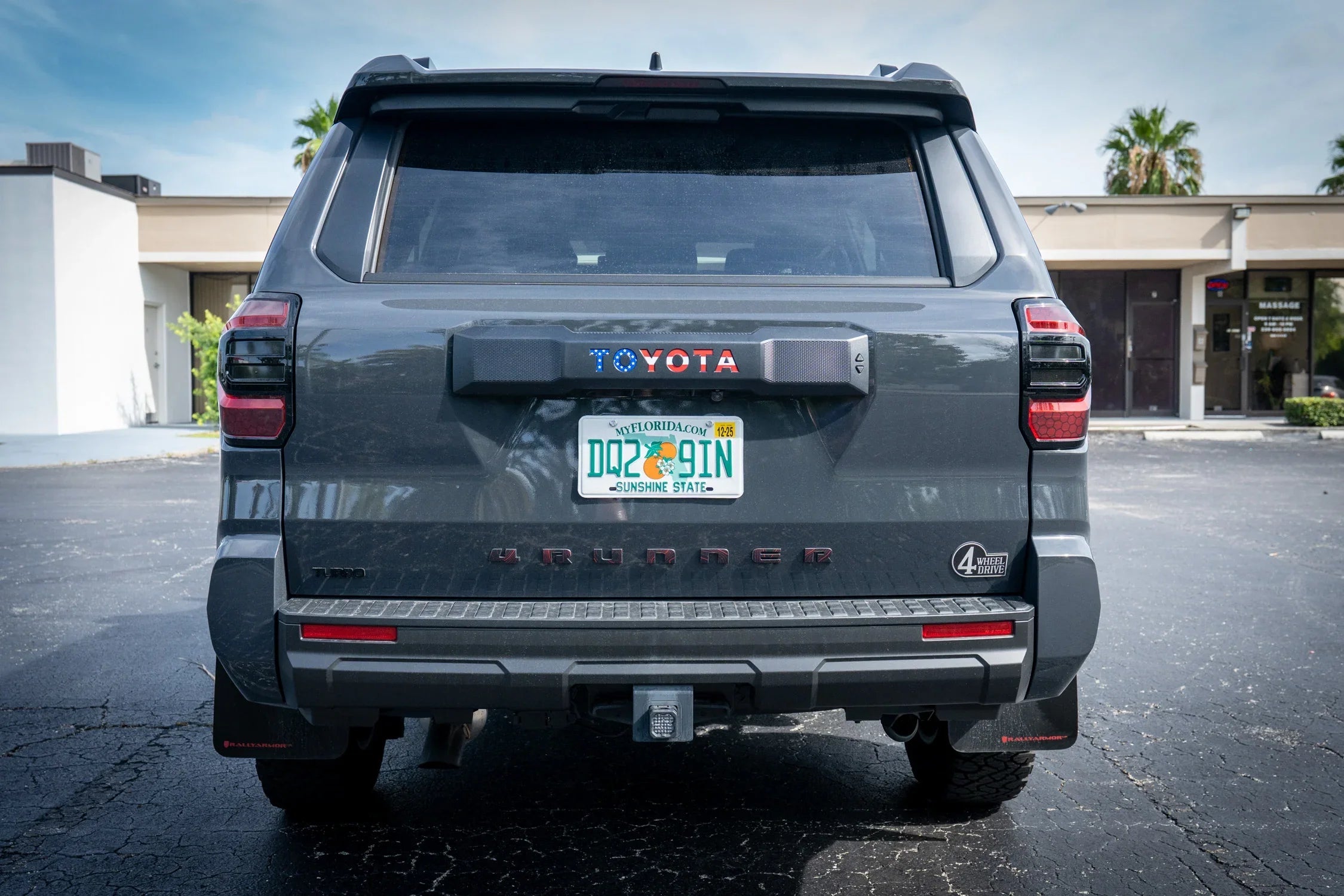 Red, white, and blue Toyota Freedom Series rear hatch emblem inlays on a 2025+ Toyota 4Runner liftgate, by StickerFab.