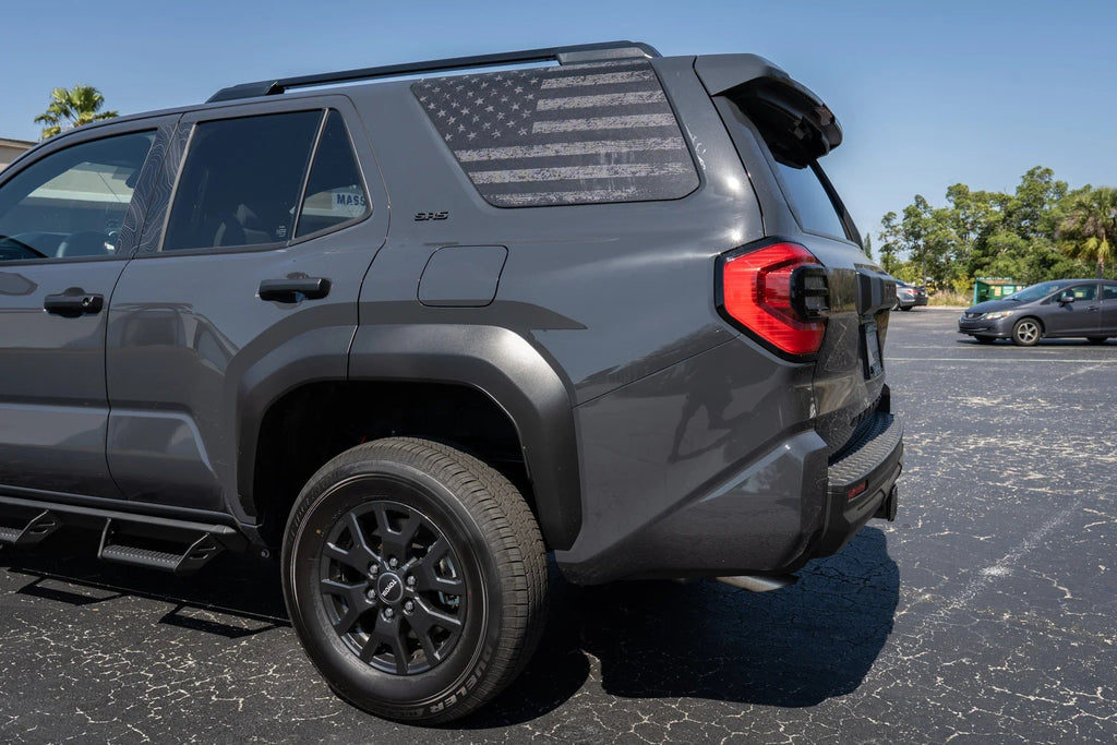 Perforated American flag rear window overlay in gray vinyl for 2025+ Toyota 4Runner, exterior car decal by StickerFab