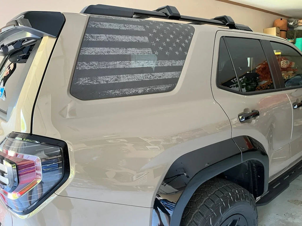 Perforated American flag rear window overlay in gray vinyl for 2025+ Toyota 4Runner, made by StickerFab, exterior car decal