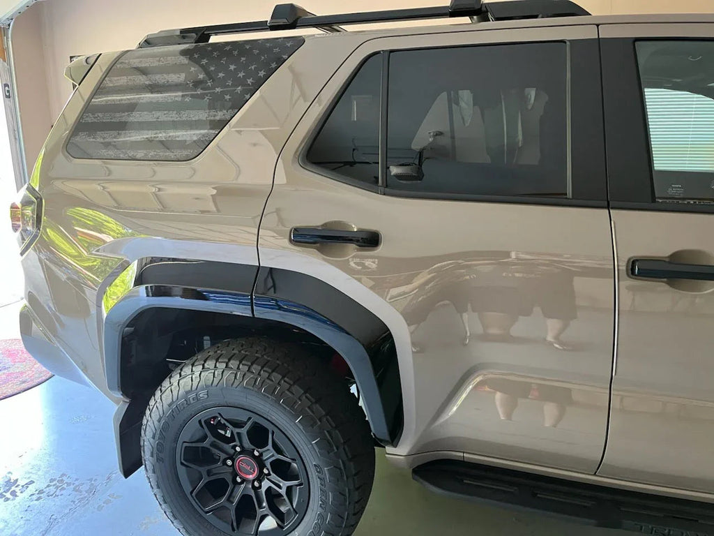 Perforated American flag rear window overlay vinyl sticker for 2025+ Toyota 4Runner, exterior car window decoration from StickerFab.