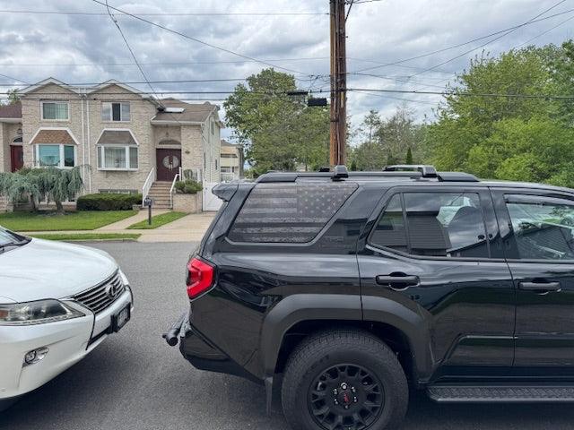 Perforated American flag rear window overlay vinyl for 2025+ Toyota 4Runner, exterior decal by StickerFab