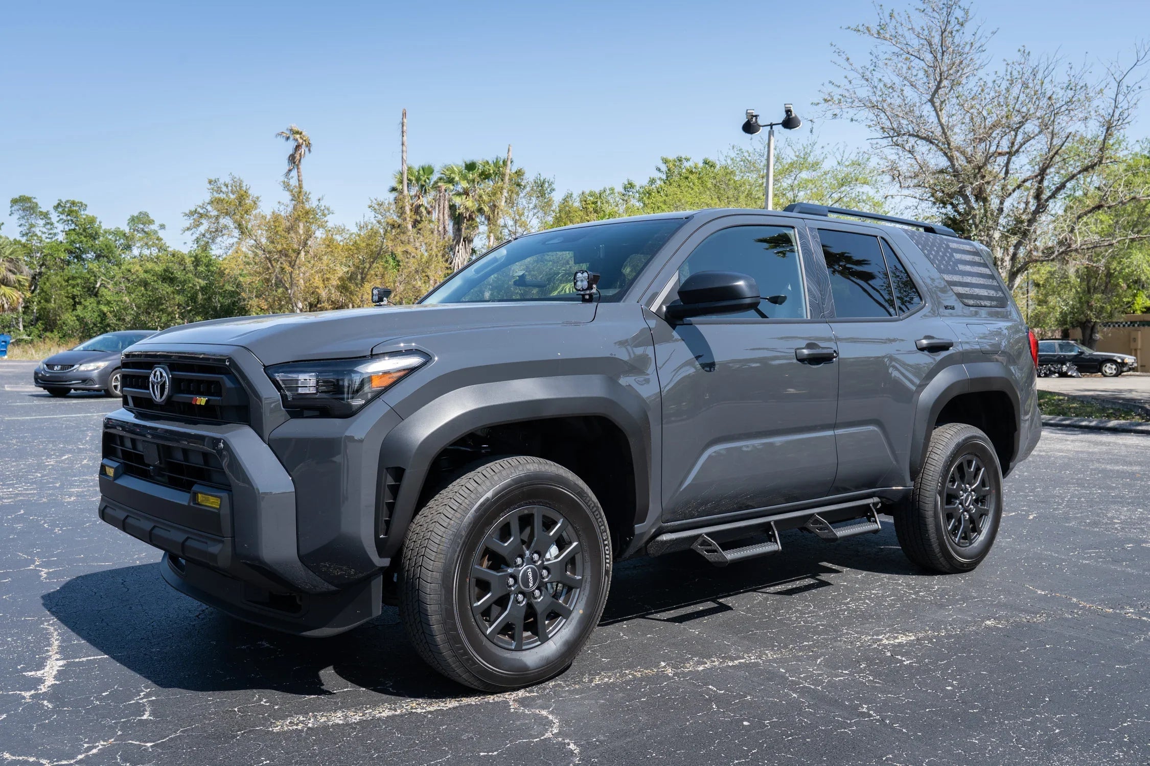 American flag perforated rear window overlay vinyl for 2025+ Toyota 4Runner, exterior decal by StickerFab