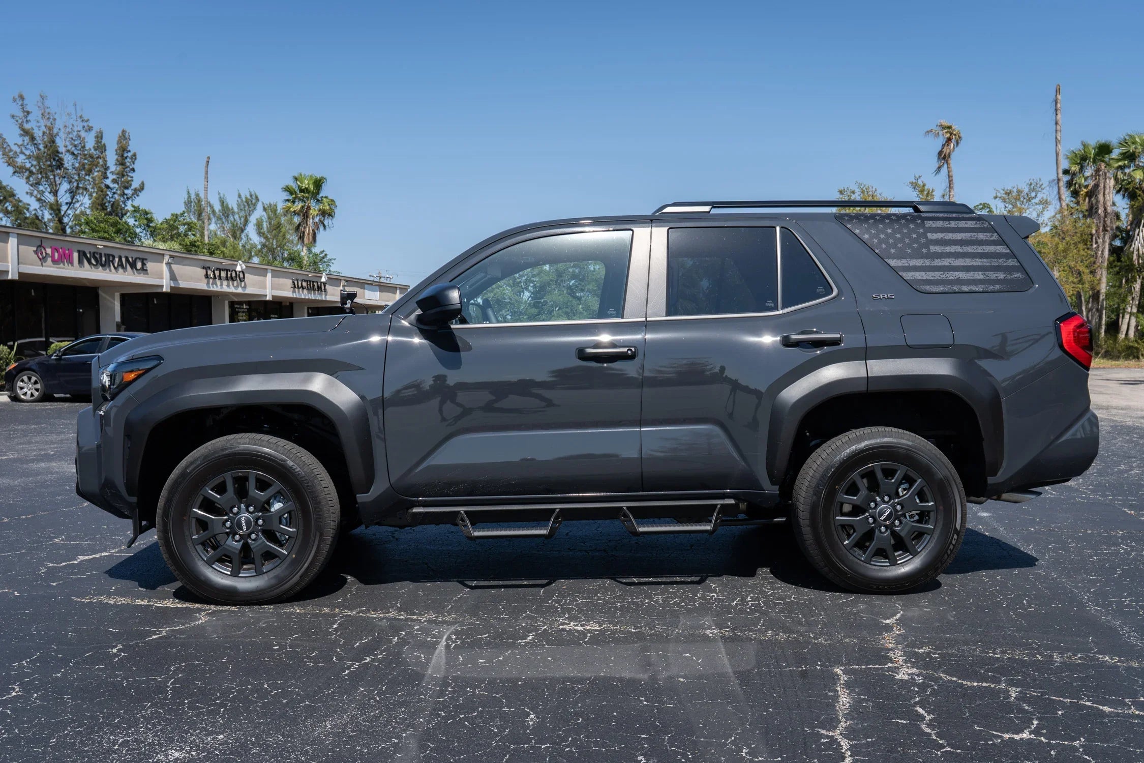 Perforated American flag rear window overlay vinyl for 2025+ Toyota 4Runner, exterior decal by StickerFab.