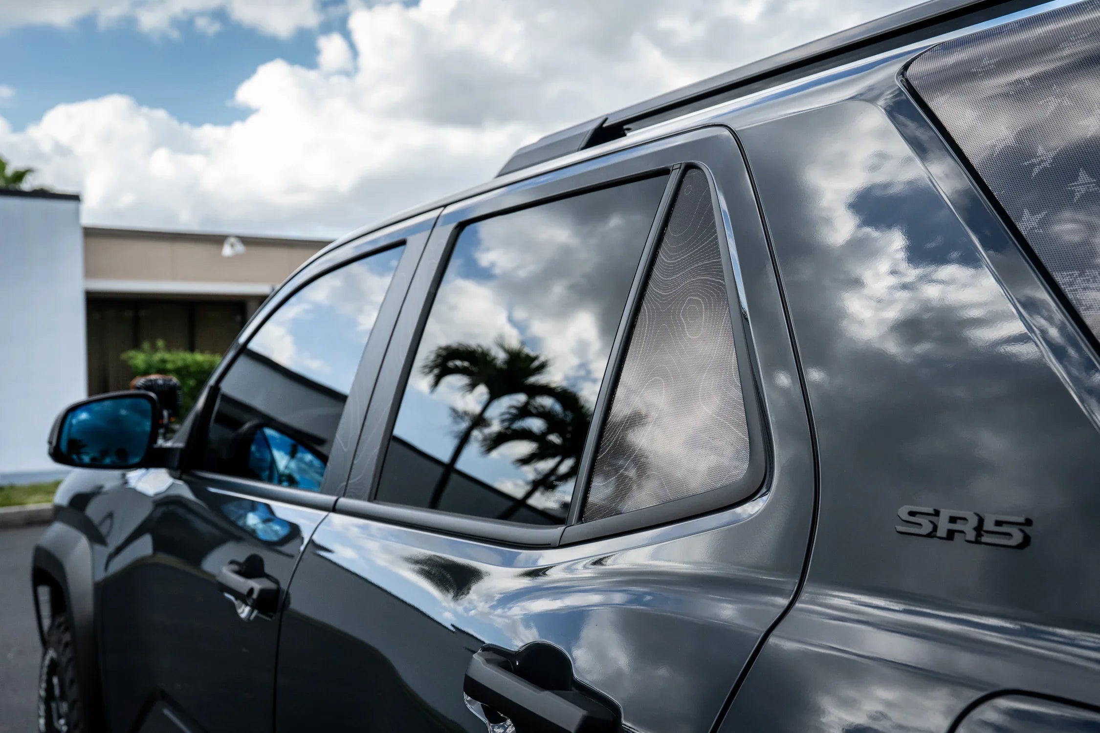 Topographic rear vent window overlay for 2025+ Toyota 4Runner, perforated vinyl exterior decal with gray lines by StickerFab.