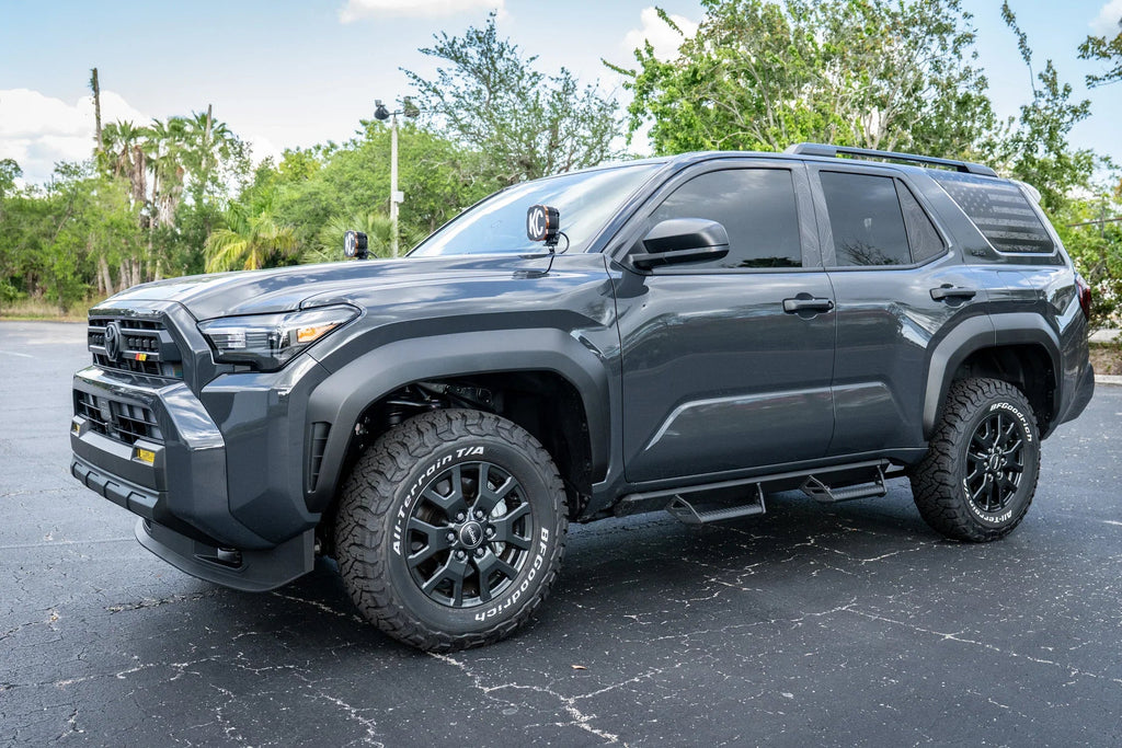 Topographic rear vent window overlay in perforated vinyl for 2025+ Toyota 4Runner, featuring gray line design by StickerFab.