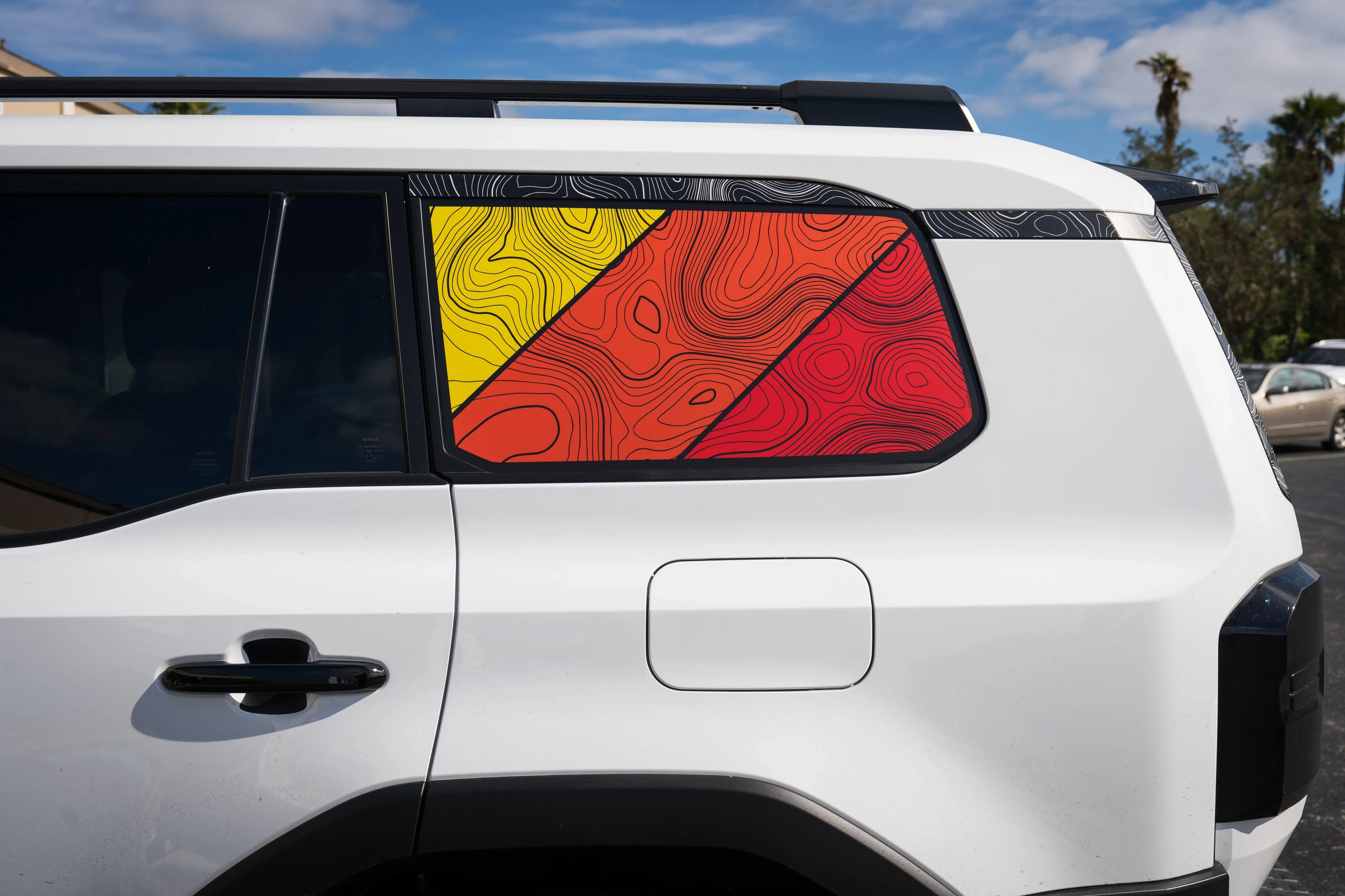 TRD Style topographic rear window overlays for 2024+ Land Cruiser, vinyl exterior decal by StickerFab.