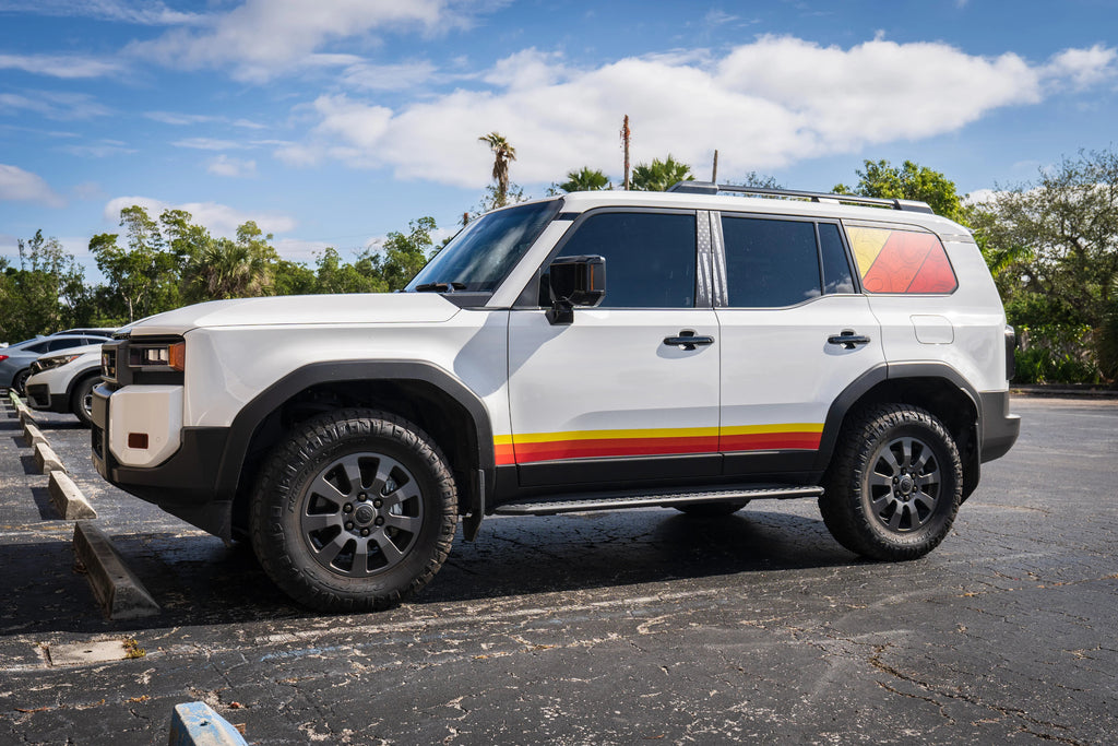 TRD style topographic rear window overlays for 2024+ Land Cruiser, vinyl exterior decal by StickerFab on vehicle rear window