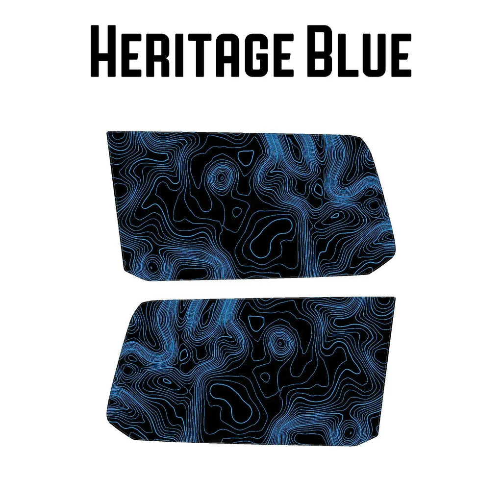Perforated vinyl topographic rear window map overlay for 2024+ Land Cruiser by StickerFab, featuring blue heritage design.
