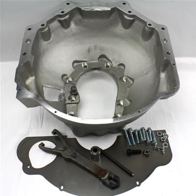 Vinyasa Automotive bell housing adapter kit, includes metal components and gaskets for seamless engine transmission connection.