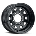 Vinyasa Automotive Wheel D Wind 15x8 inch alloy wheel with 5x4.5 bolt pattern and 3.36 backspacing, black finish with silver accents