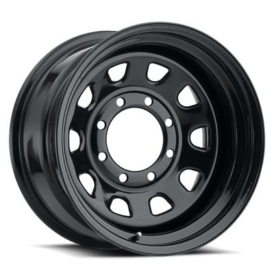 Vinyasa Automotive Wheel D Wind 15x8 inch alloy wheel with 5x4.5 bolt pattern and 3.36 backspacing, black finish with silver accents
